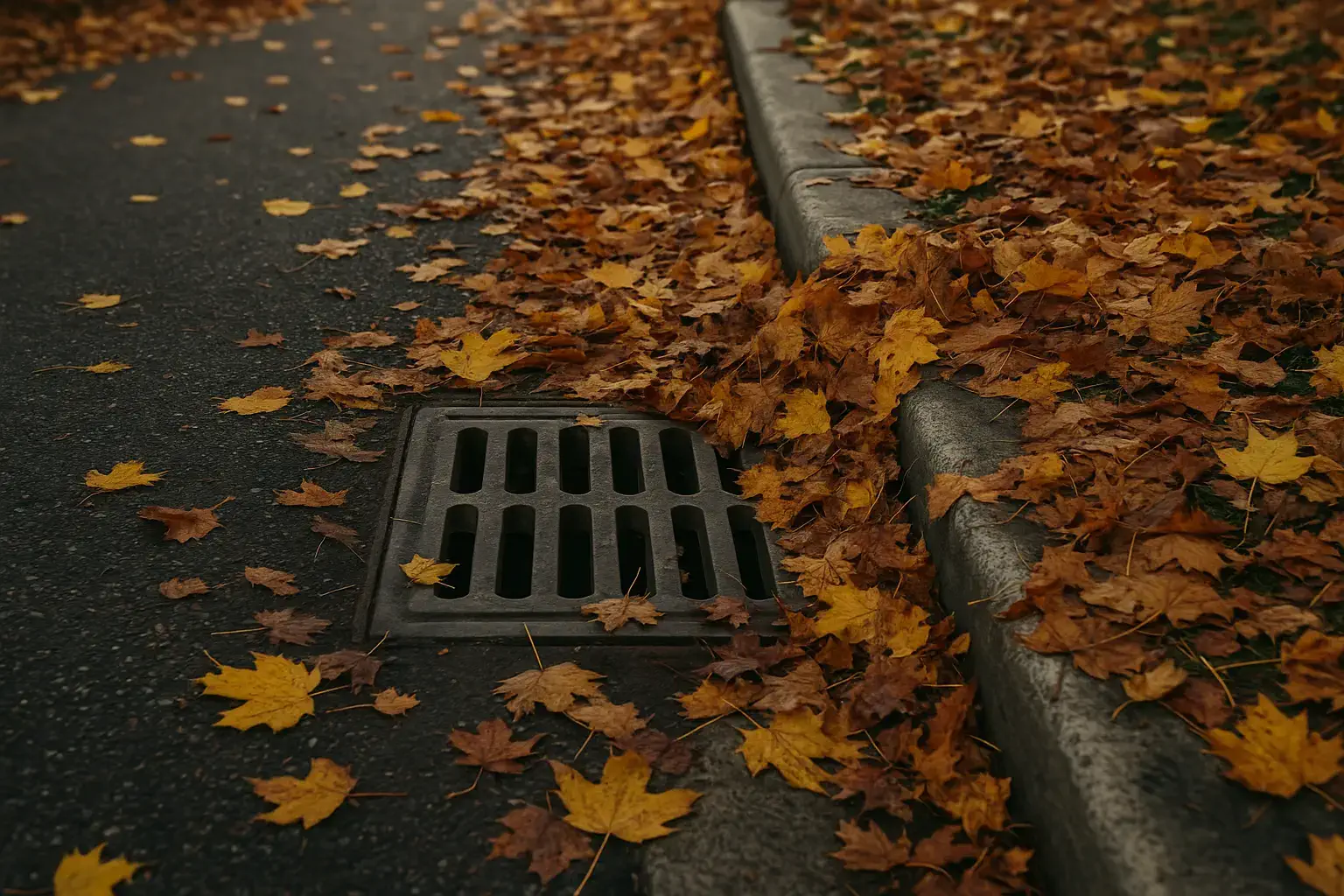 autumn drain with leaf buildup